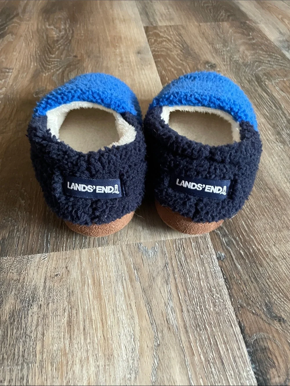 Lands' End Royal Blue Sherpa Slip-On Slippers with Navy Trim